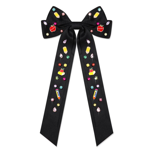 Vokone Teacher Hair Bows for Women Teacher Pencil Book Hair Bow Clips Jeweled Satin Ribbon Bow Barrette Hair Clip Back to School Accessories Teacher Appreciation Gifts Black