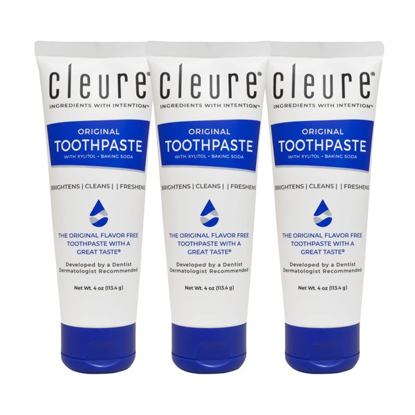 Cleure Original No Fluoride Toothpaste - SLS Free, Mint Free - with Xylitol for Fresh Breath & Helps Whiten - for Kids & Adults - Flavor Free (4oz Tube, Pack of 3)