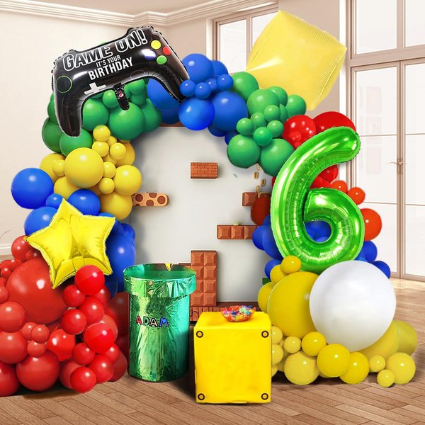109PCS Red Blue Yellow Green Balloon Garland Arch Kit with and Question Mark Block Balloon, King Boo balloon, Super Star Balloons and for Video Game Mario Theme 6th Birthday Party Decorations