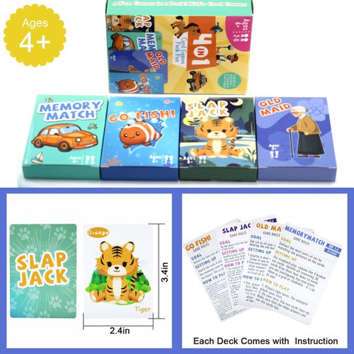 Card Games Old Maid, Go Fish, Slap Jack and Memory Classic Games -4 Decks in 1 Pack, Fun Card Games for Kids Toddlers, juegos para ni?os Kids Playing Cards, for Boys and Girls