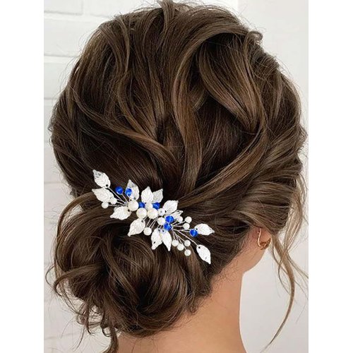 Latious Pearl Bride Wedding Hair Comb Blue Bridal Rhinestone Hair Clip Leaf Hair Piece Wedding hair accessories for Women and Girls