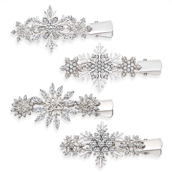 4PCS Christmas Snowflake Hair Clips for Women Holiday Rhinestone Crystal Snowflake Hairpins Xmas Festive Costume Hair Accessory Gifts (Silver)