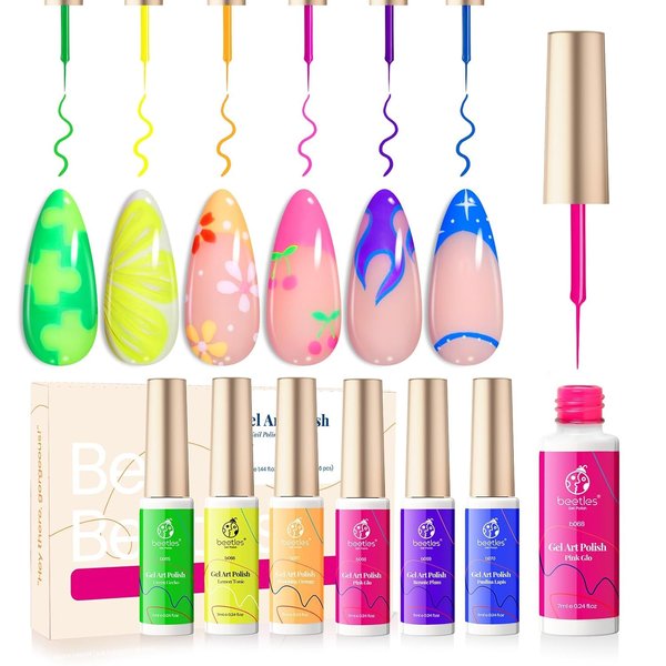 Beetles Nail Art Gel Liner Nail Polish Set - 6 Neon Gel Nail Polish Colors Hot Pink Orange Blue Yellow Paint for Nails Built Thin Brush in Bottle Soak off Uv LED Lamp Rainbow Nails