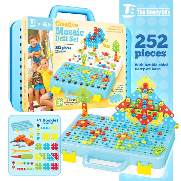 The Trendy Bits Creative Mosaic Drill Set - 252 Pcs | 3D STEM Building Toys for Kids Aged 3+ | Engineering, Construction & Learning Toy Sets | Includes Screwdriver, Wrench, Electric Drill, Bolts