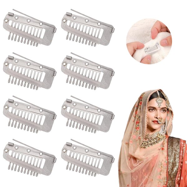 8pcs Wig Clips with Safety Pins, No-Sew Teeth Hair Extension Clips for Women, Chunni Grip Dupatta Tikka Clips (Silver)