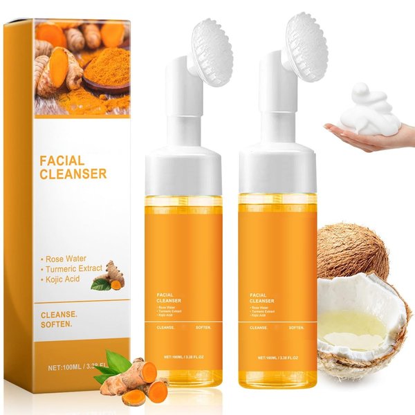 JISKG 2 Pcs Turmeric Facial Cleanser, Glow Wash Turmeric Face Wash With Brush, Deep Cleansing Exfoliating for Women All Skin.