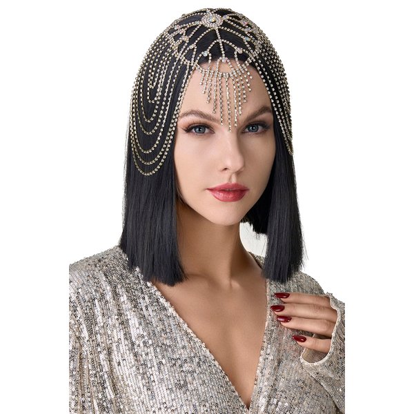 BABEYOND Vintage Style Roaring 20s Crystal Rhinestone Flapper Cap Headpiece Head Jewelry Chains (Gold)