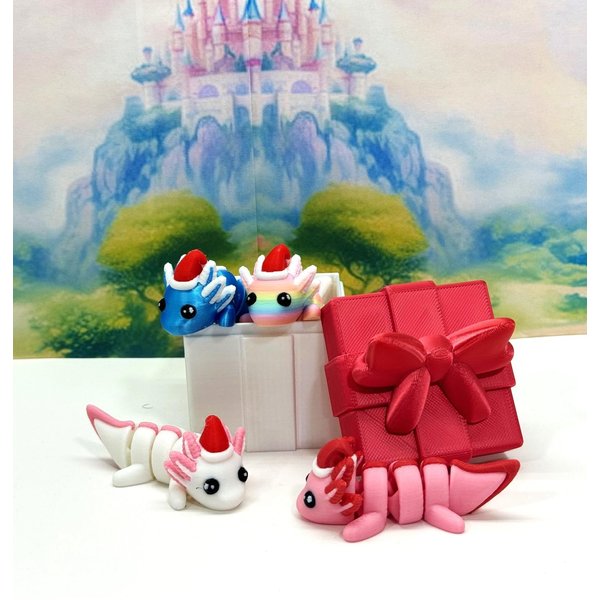 4pcs 3D Printed Articulated Mini Axolotl Box Container, Fidget Mini Axolotl Fidget Toy, Executive Desk Toy, Axolotl with Santa Hat Home Decor MA001-CT