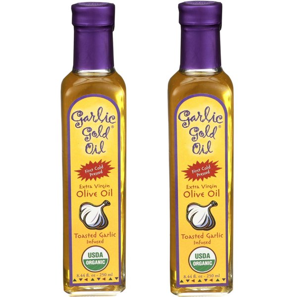 Certified Organic Extra Virgin Olive Oil - Infused with toasted Garlic, Low FODMAP, by Garlic Gold, 250 ML (Pack of 2)