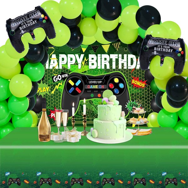 LovesTown 70PCS Video Game Balloon Garland Kit, Birthday Balloon Arch Party Decorations Video Game Backdrop Table Covers for Birthday Party Supplies