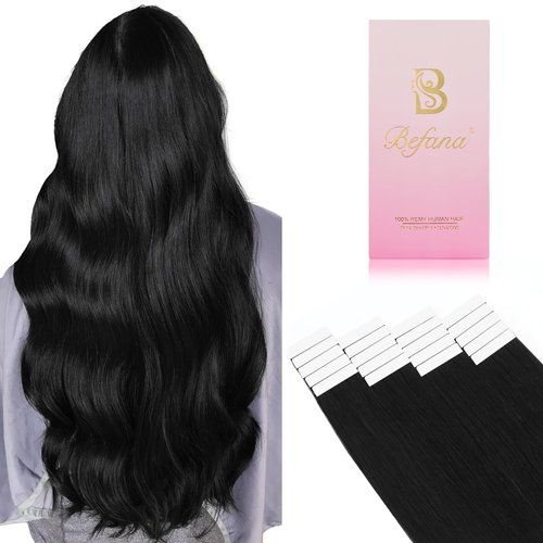 Befana Tape in Hair Extensions Human Hair,20inch 20 Pcs #1 Jet Black Human Hair Extensions Tape ins,Straight Silky 50g Remy Hair Extensions for Women Girls 20in #1