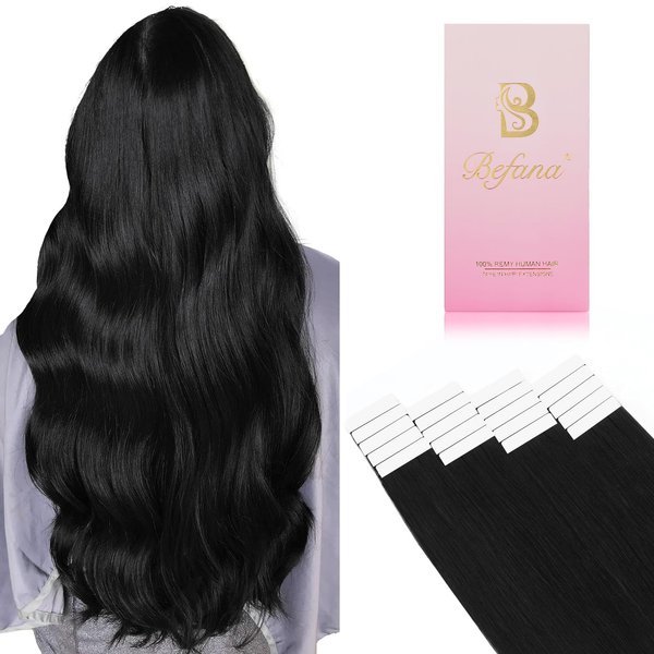 Befana Tape in Hair Extensions Human Hair,20inch 20 Pcs #1 Jet Black Human Hair Extensions Tape ins,Straight Silky 50g Remy Hair Extensions for Women Girls 20in #1