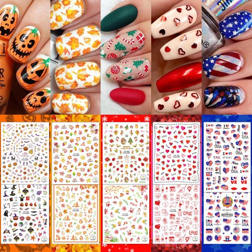 30 Sheets All Holiday Nail Stickers, Independence Halloween Christmas Valentine's Thanksgiving Day Nail Art Decals Mixed All Season Set, Self-Adhesive Design Year-Round Manicure Decorations Supplies