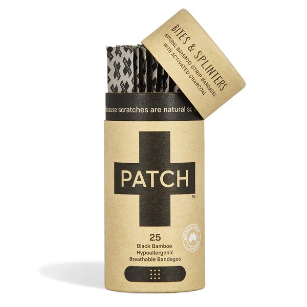 PATCH Eco-Friendly Bamboo Bandages for Bites & Splinters Hypoallergenic Wound Care for Sensitive Skin Compostable, Biodegradable, Latex Free, Plastic Free, Zero Waste, Activated Charcoal, 25ct