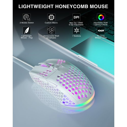 SOLAKAKA SM900 White Wired Gaming Mouse with Honeycomb Shell,12800 DPI,7 Programmable Buttons,Lightweight Gaming Mice Ergonomic Computer Mouse Gaming for Windows/PC/Mac/Laptop Gamer