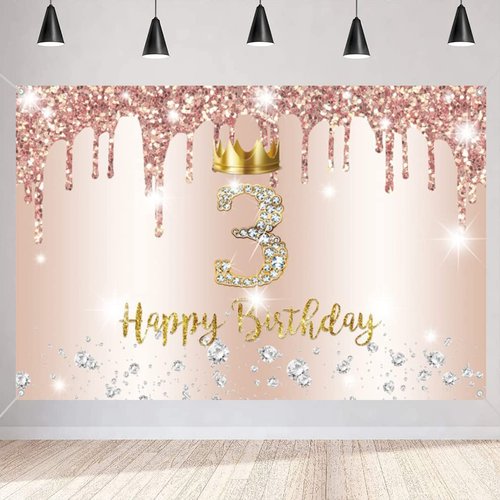 3rd Birthday Decorations for Girls Happy 3rd Birthday Backdrop Banner Party Deco Girl 3 Years Old Sign Poster Rosegold Photo Background 3rd Birthday Party Supplies, 59"x35.4"
