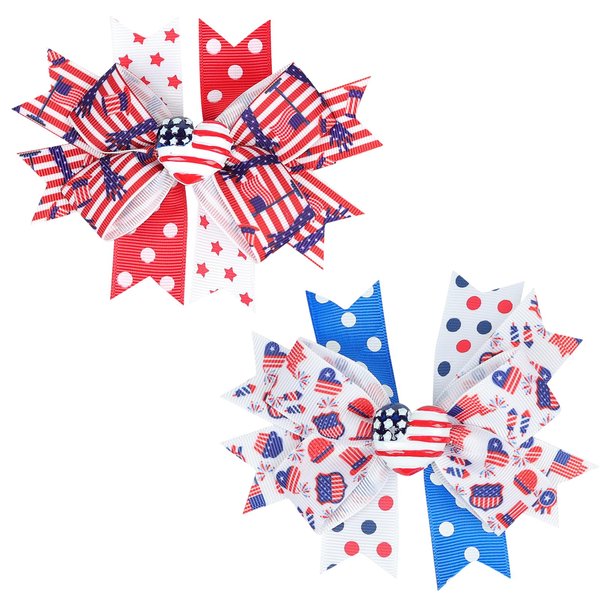 2PCS Independence Day Hair Bows Clips Patriotic Star Hairpin with Heart Grosgrain Ribbon Bowknot Boutique Alligator Hair Clips 4th of July Headwear Accessories for Kids Girls Women(Style A)