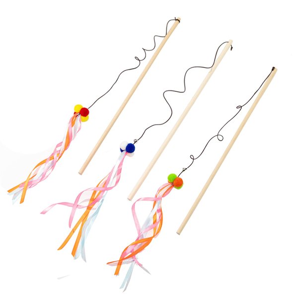 IUHKBH Cat Wand Toys, 3 PCS Interactive Cat Toys Wooden Handle Cat Teaser Toys with Bell, Ribbon and Pom Poms Sturdy Cat Sticks