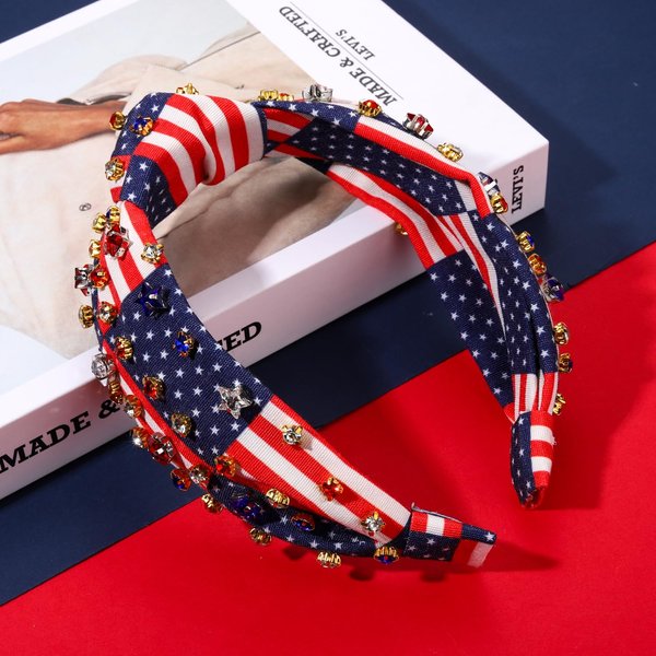 4th of July Headband American Flag Crystal Star Knottted Headband for Women Fourth of July Patriotic Headband Headpiece Red White and Blue Stripe Top Knot Wide Hairband Party Favor Gift (red white blue star stripe headband)