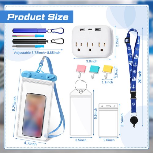 Watersay 17 Pcs Carnival Cruise Essentials with Power Strip Luggage Tags Magnetic Hook Lanyards Phone Bags and Reusable Straw(Blue, Purple)