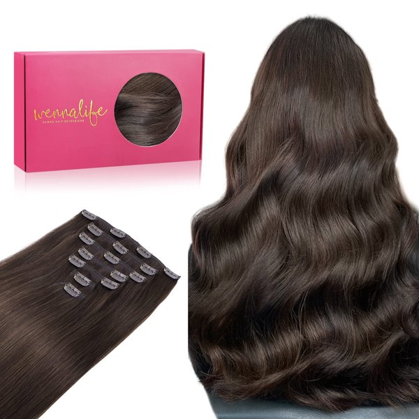 WENNALIFE Clip in Hair Extensions, 16 Inch 120g 7pcs Light Dark Brown Hair Extensions Clip in Human Hair Remy Clip in Hair Extensions Real Human Hair Double Weft