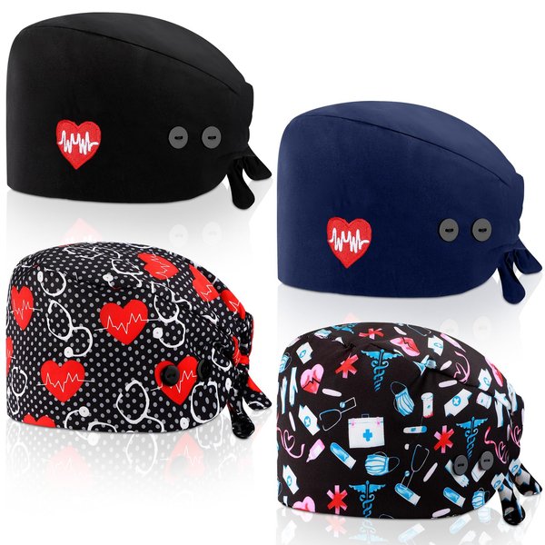4 Pcs Working Caps with Button and Sweatband Adjustable Working Hats Elastic Scrub Hats Nurse Scrub Cap Nurse Hats for Women (Stylish Style) Multicolored