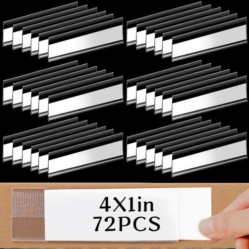 72 Pieces Shelf Tag Label Holders Adhesive Wire Self Label Holder Clear Plastic Shelf Tag Holders Price Tag Holder for Supermarket School Library Bookshelves Mailbox Storage Bins (4 x 1 Inch)