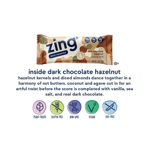 Zing Dark Chocolate Hazelnut Vegan Protein Bars, Gluten Free with High Protein, High Fiber, Dairy Free Nutrition Bars, Plant Based Protein, Kosher, Low Sugar, No Sugar Alcohols - 12 count