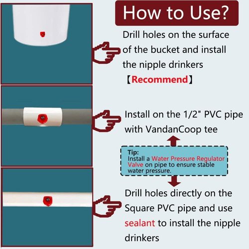 VandanCoop Horizontal Chicken Water Nipples Automatic Poultry Waterer Nipples Kit Drinker with Drill Bit(10)