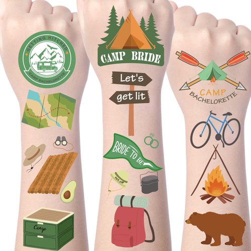 Yoyuspy Camp Bachelorette Temporary Tattoos - 200+ Camp Bachelorette Decorations Camp Bride Tattoos Stickers Camping Party Decor Bride to Be Gifts Glamping Bachelorette Bridal Shower Favors Supplies