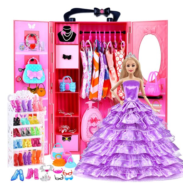 DOTVOSY 112 Pcs Doll Clothes and Accessories Set with Doll Closet Wardrobe for 11.5 Inch Girl Dolls Including Wardrobe Suitcase Clothes Dresses Swimsuits Shoes Hangers Necklace Bags and Other Stuff