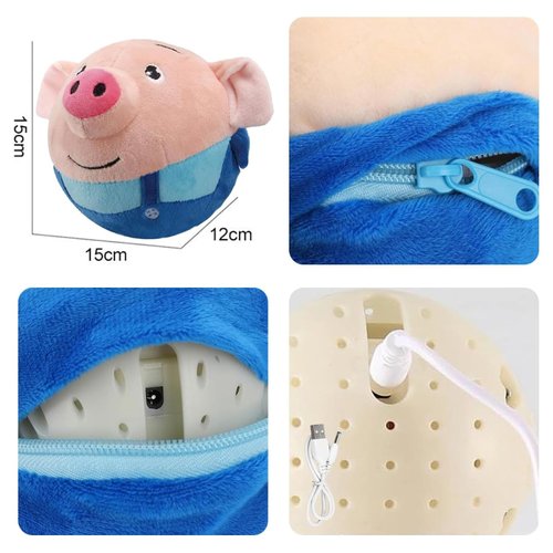 OTXKXBLP Active Moving Pet Plush Toy, Interactive Dog Toys Pet Bouncing Balls, USB Rechargeable Interactive Washable Cartoon Pig Plush Sound Electronic Dog Toy, Small Cute Squeaky Pig Dog Toy (Blue)