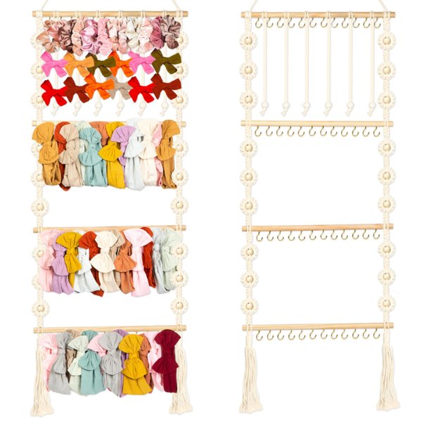 Headband Holder - Bow Holder for Baby Girl – Macrame Bow Organizer for Baby Girl w/ 48 Metal Hooks, 6 Slings & Wooden Bead – Space Saving Baby Bow Organizer – Ideal Baby Bow Holder for Expecting Moms