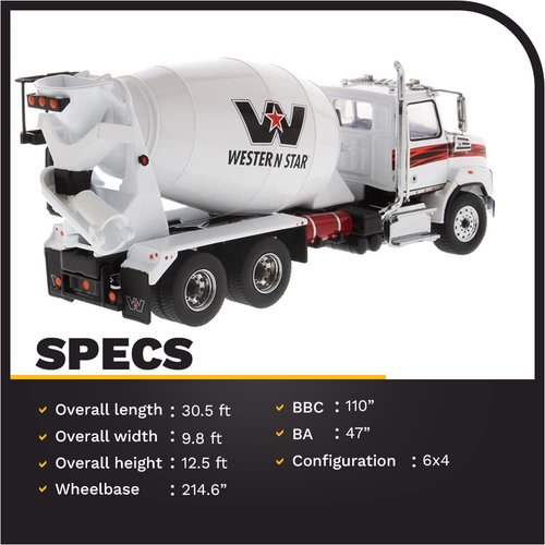 Diecast Masters Western Star 4700 SFFA Concrete Mixer Truck- White | Tandem With Mixer | 1:50 Scale Model Semi Trucks | Diecast Model by Diecast Masters 71035