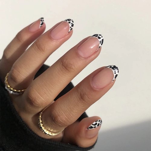 MERVF Short Press on Nails Oval French Tip Fake Nails White Round Glue on Nails with Cow Print Design Glossy 24pcs Artificial Acrylic Nails for Women