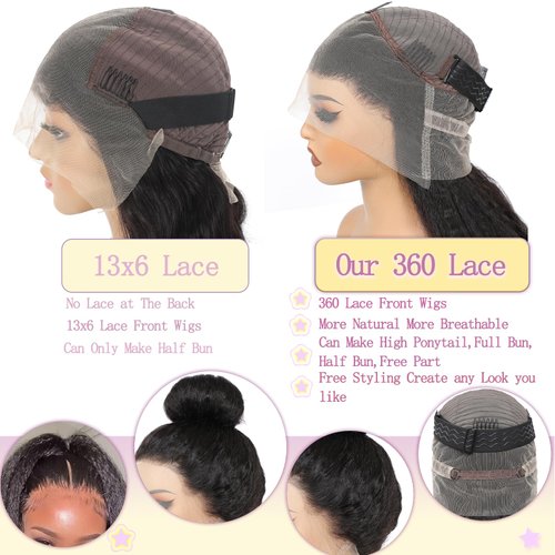 hogu 360 Lace Front Wigs Human Hair Kinky Straight Human Hair Wig 200 Density HD Lace Front Wigs Human Hair 360 Wig Human Hair Full Lace Kinky Straight Wig (24inch)