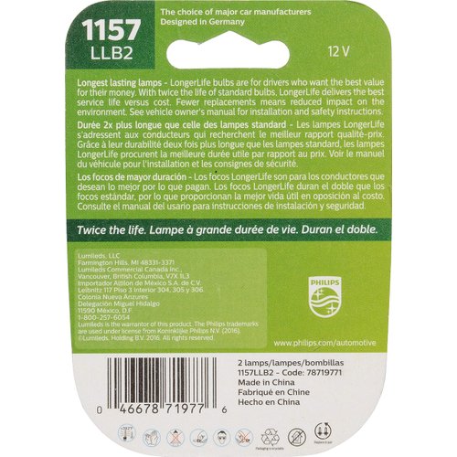 Philips Automotive Lighting 1157LLB2 1157 LongerLife Miniature Bulb, 2 Pack