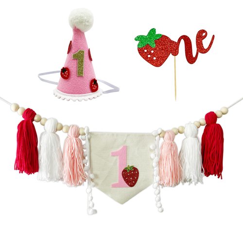Strawberry 1st Birthday High Chair Tassels Banner Strawberry First Birthday Crown 1 Sweet Cake Topper Strawberry First Birthday Party Supplies