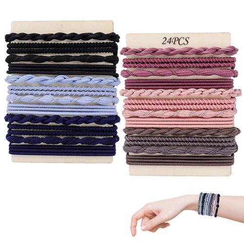 Byexin 24PCS Boho Elastic Hair Tie for Women,6 Styles No Damage Hair Bracelet for Thick Ponytails,Hair Accessories
