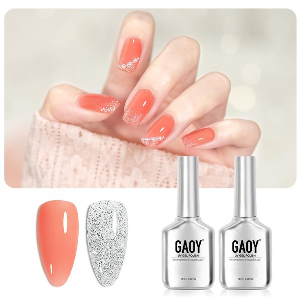 GAOY Nude Gel Nail Polish, 2 Colors 16ml Jelly Orange Glitter, Sheer Soak Off UV Gel Polish Set
