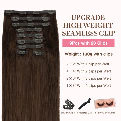 GOO GOO Clip in Hair Extensions Real Human Hair, 14inch 130g 9Pcs, 4A Chocolate Brown, Remy Human Hair Extensions Clip ins for Women, Natural Human Hair