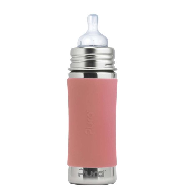Pura Kiki 9oz/275ml Stainless Steel Infant Bottle w/Sleeve, Anti-Colic, 100% Plastic-Free, MadeSafe Certified, Medical-Grade Silicone, Medium-Flow Nipple, for Babies 3 Months & Up (Rose)