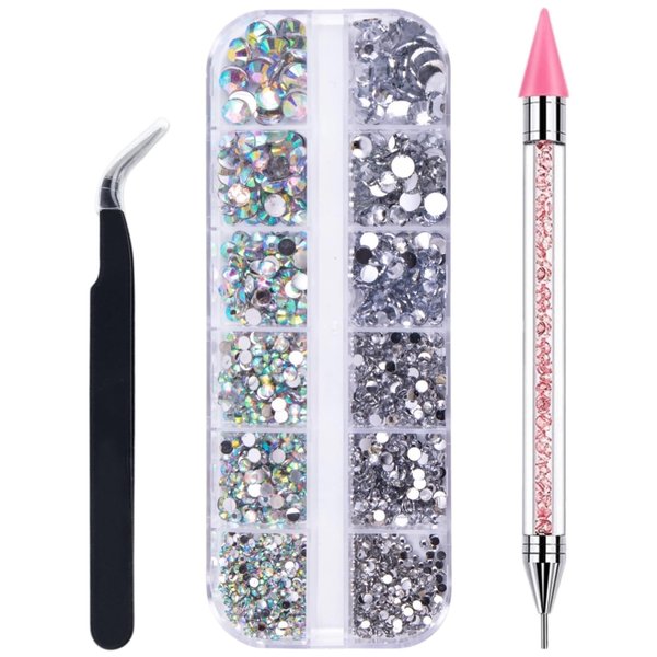 Rhinestone Picker Tool with Crystal AB Rhinestones, Wax Pencil for Gems Rhinestones, Nail Dotting Tool Applicator Tool, Nail Art Tools Nail Design Kit for DIY Nail Art (Pink)