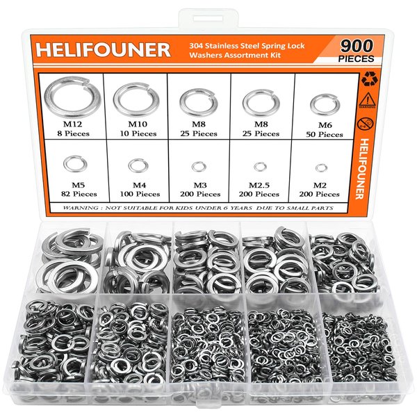 900 Pieces 304 Stainless Steel Spring Lock Washers for Screws Bolts, HELIFOUNER Lock Washers Assorted Kit, Stainless Steel Lock Washers, Lock Metal Washers (M2 M2.5 M3 M4 M5 M6 M8 M10 M12)