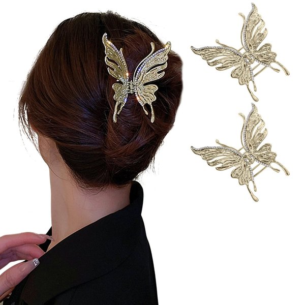 MJartoria Butterfly Hair Shark Clips for Women Girls, Metal Hair Claws, Diamond Shark Clips, Gold Silver Hair Clips, Powerful Hold Hair Shark Clips (Gold+Gold)