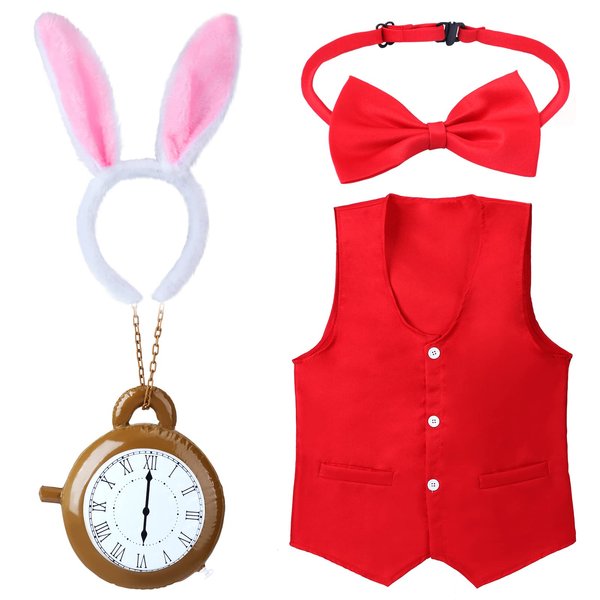 Keymall Kids Easter White Rabbit Costume Accessory Kit 4 Pcs Bunny Ear Headband Vest Bowtie Clock Props For Easter Halloween (Set B)
