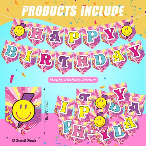 111 Pcs Preppy Style Pink Party Supplies Set Pink Happy Birthday Banner Balloon Stickers Toppers for Preppy Smile Happy Face Birthday Party Decoration
