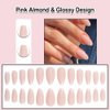 ANDGING Almond Press on Nails Pink Short Medium Fake Nails Glue on Nails with Glossy Design Women Oval False Nails with Glue Gel 24Pcs Acrylic Round Stick on Nail for Wedding Birthday DLK668A8