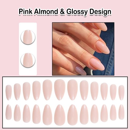 ANDGING Almond Press on Nails Pink Short Medium Fake Nails Glue on Nails with Glossy Design Women Oval False Nails with Glue Gel 24Pcs Acrylic Round Stick on Nail for Wedding Birthday DLK668A8
