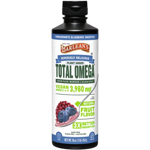 Barlean's Liquid Flaxseed, Borage & Algae Oils Omega 3 Supplement, Pomegranate Blueberry Flavor, Vegan EPA & DHA from Algal Oil, Flax Oil and Borage Seed Oil with 3,980 mg of Omega-3-6-9, 16 oz